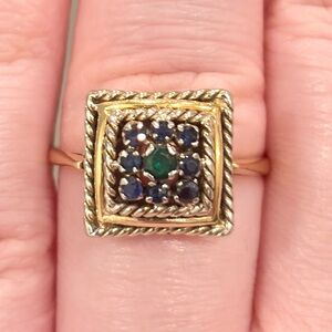 Vintage 14K Emerald Sapphire Ring, Checkerboard Mod, Size 7.75, Artisan Square